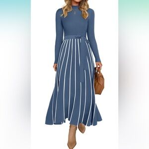 Turtleneck Long Sleeve Tie Waist Casual Loose Ribbed Knit A Line Midi Dresses
